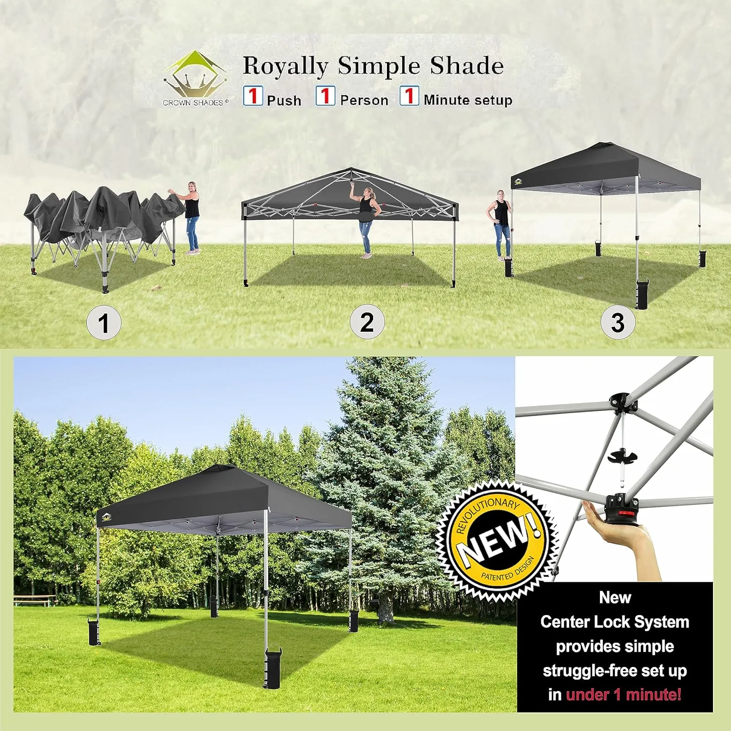 Crown Shades 10x10 Pop Up Canopy - Beach Tent with One Push Setup - Outdoor Sun Shade for Events, Parties, Camping - Gazebo with STO-N-Go Cover Bag, Silver Coated Top, 3 Height& 4 Sand Bags, Grey