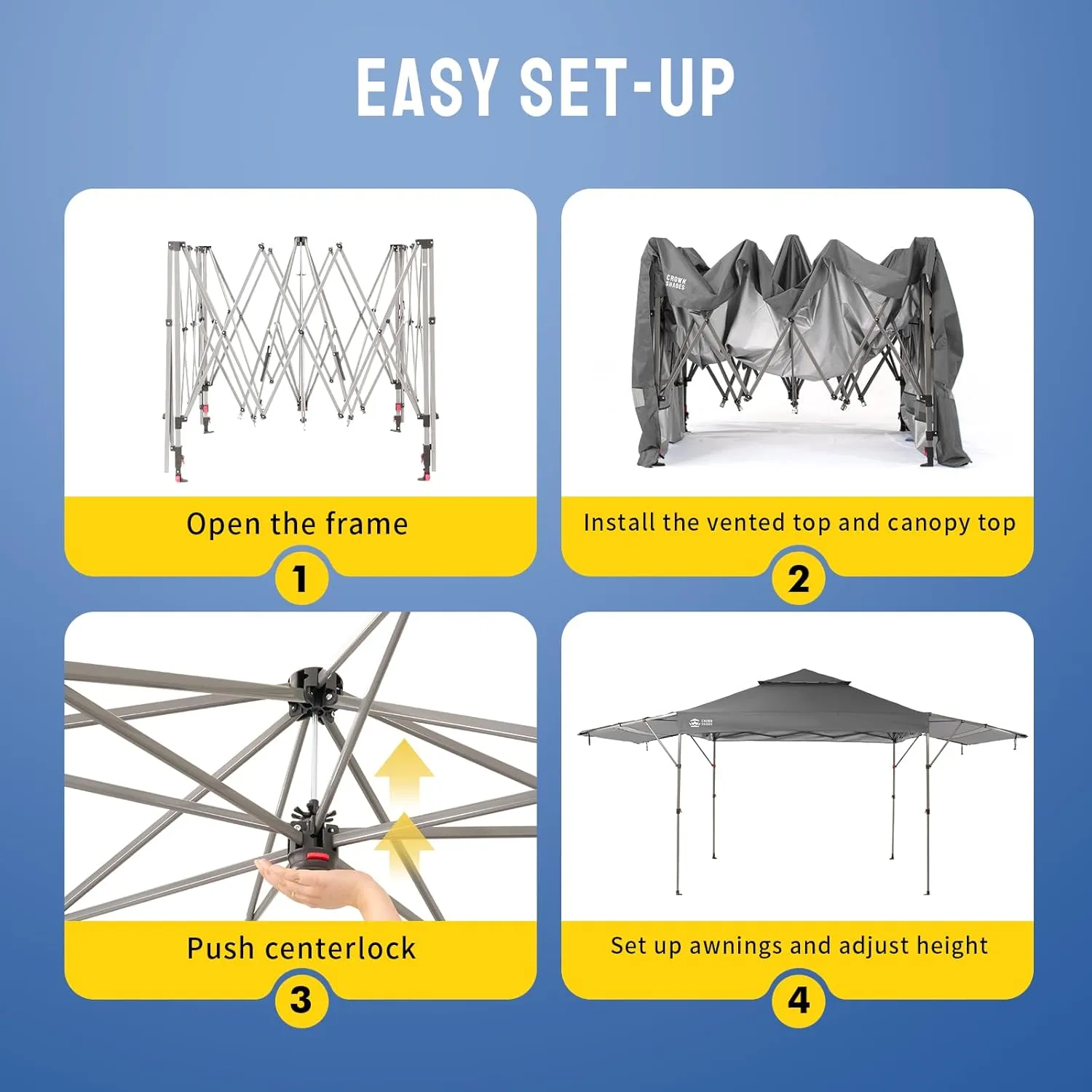 CROWN SHADES 10x10 Pop up Canopy Tent Patended Centerlock Instant Commercial Canopy with 150D Silver Coated Fabric Including 2 Extend Awnings, 4 Ropes, 8 Stakes, 4 Weight Bags, STO 'N Go Bag, Grey