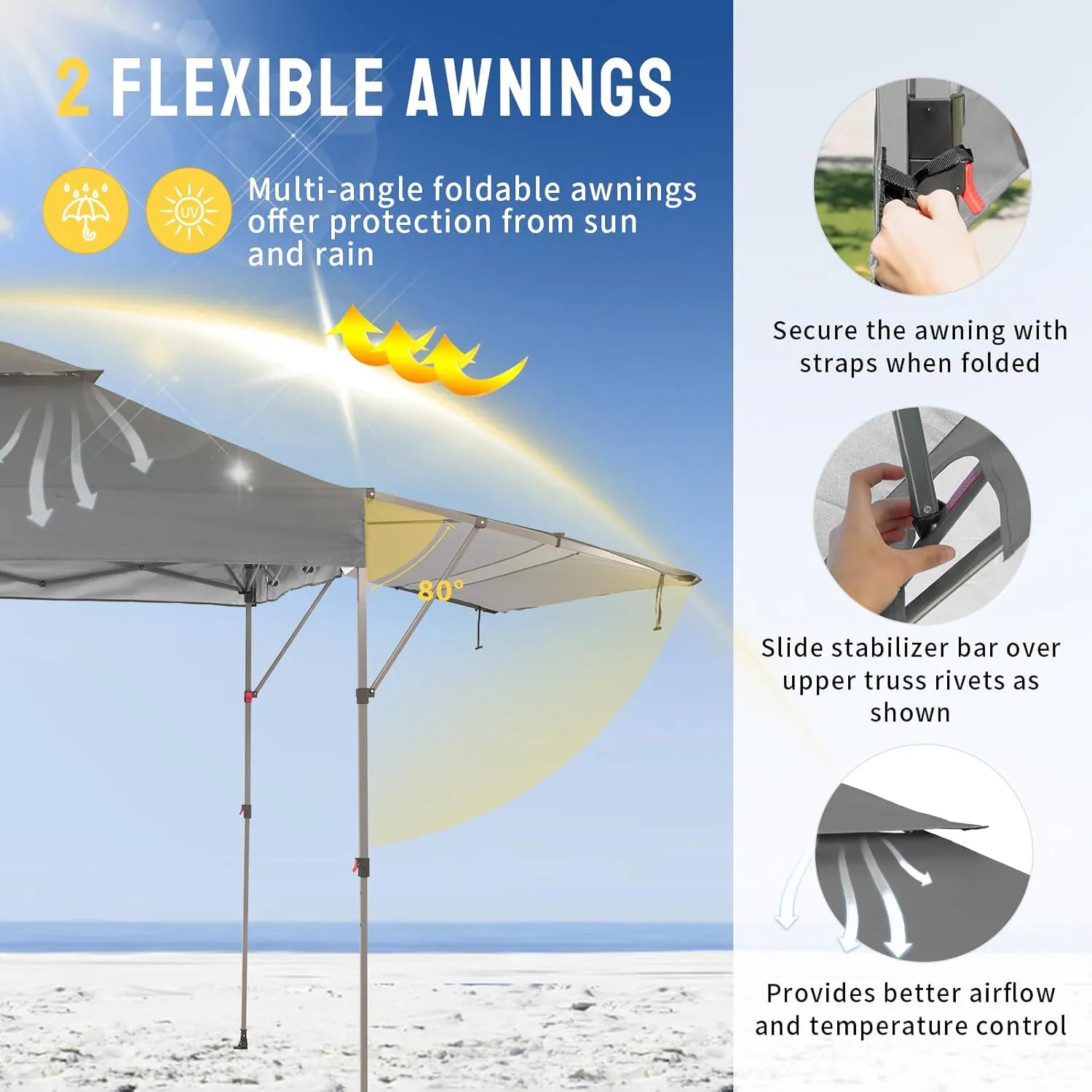 CROWN SHADES 10x10 Pop up Canopy Tent Patended Centerlock Instant Commercial Canopy with 150D Silver Coated Fabric Including 2 Extend Awnings, 4 Ropes, 8 Stakes, 4 Weight Bags, STO 'N Go Bag, Grey