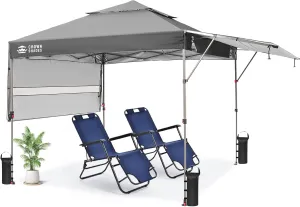 CROWN SHADES 10x10 Pop up Canopy Tent Patended Centerlock Instant Commercial Canopy with 150D Silver Coated Fabric Including 2 Extend Awnings, 4 Ropes, 8 Stakes, 4 Weight Bags, STO 'N Go Bag, Grey