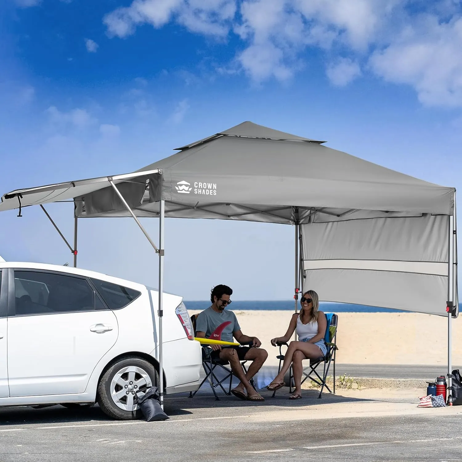 CROWN SHADES 10x10 Pop up Canopy Tent Patended Centerlock Instant Commercial Canopy with 150D Silver Coated Fabric Including 2 Extend Awnings, 4 Ropes, 8 Stakes, 4 Weight Bags, STO 'N Go Bag, Grey