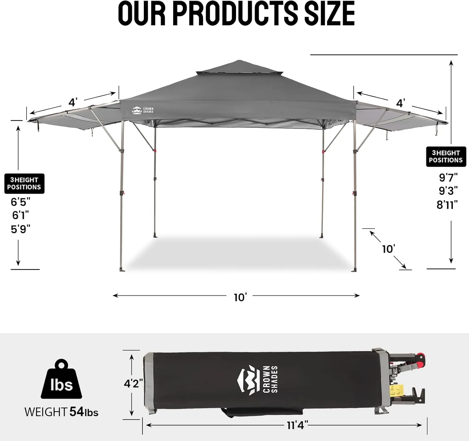 CROWN SHADES 10x10 Pop up Canopy Tent Patended Centerlock Instant Commercial Canopy with 150D Silver Coated Fabric Including 2 Extend Awnings, 4 Ropes, 8 Stakes, 4 Weight Bags, STO 'N Go Bag, Grey