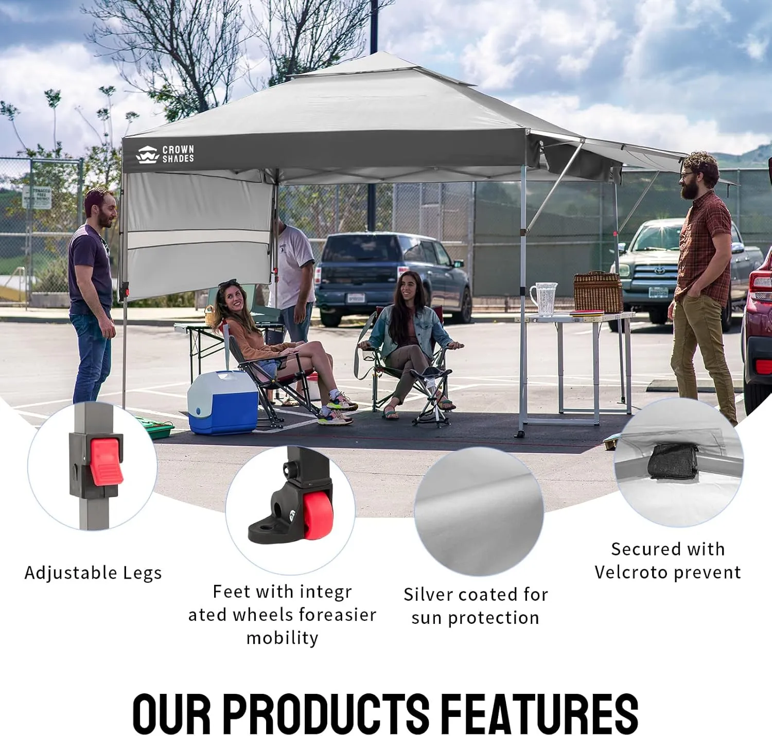 CROWN SHADES 10x10 Pop up Canopy Tent Patended Centerlock Instant Commercial Canopy with 150D Silver Coated Fabric Including 2 Extend Awnings, 4 Ropes, 8 Stakes, 4 Weight Bags, STO 'N Go Bag, Grey
