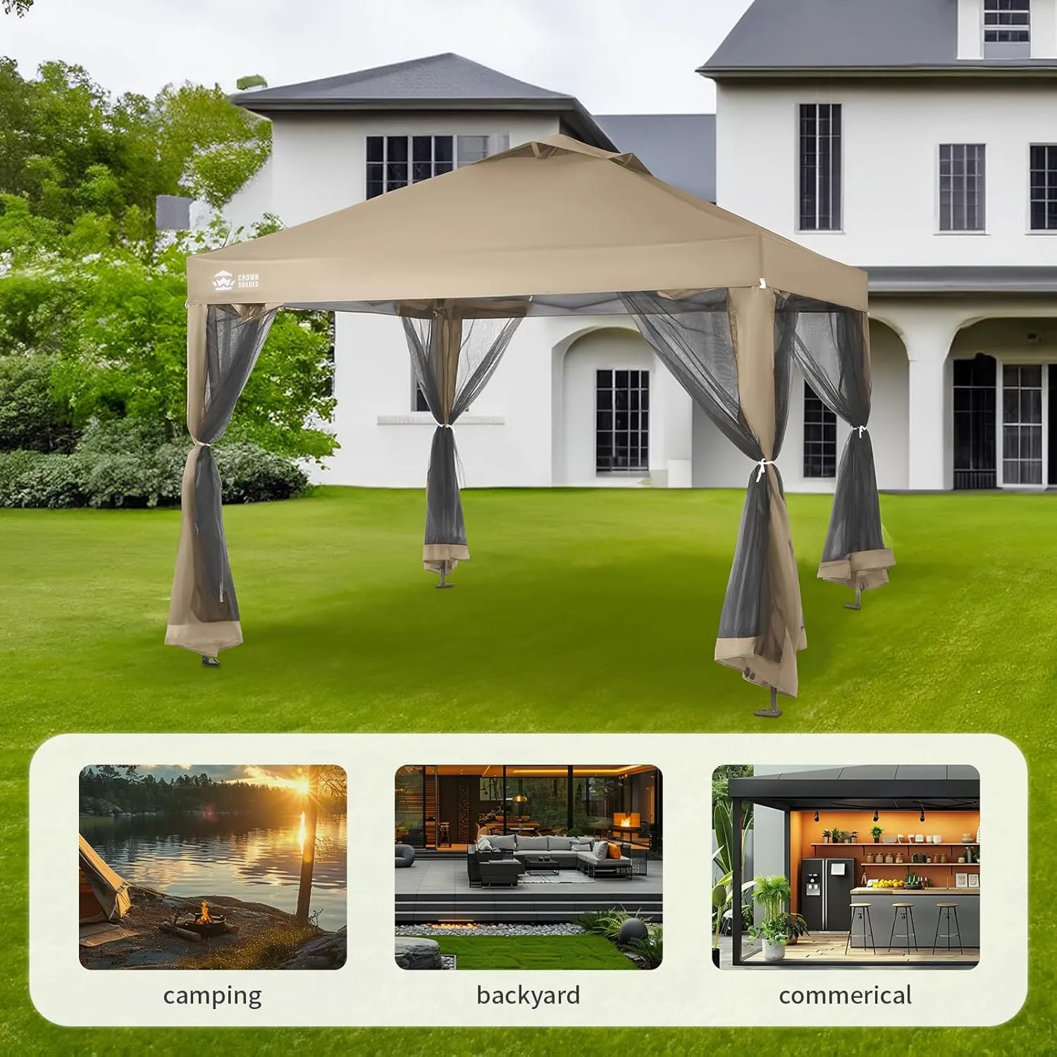 CROWN SHADES 10x10 Pop up Canopy Tent, Pop Up Gazebo with Mosquito Netting, 4 Ropes, 8 Stakes, 4 Sandbags, Wheeled Storage Bag, 10x10 Outdoor Canopy for Patio, Yard (Beige)