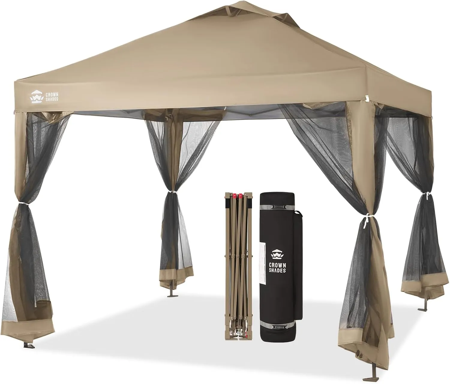 CROWN SHADES 10x10 Pop up Canopy Tent, Pop Up Gazebo with Mosquito Netting, 4 Ropes, 8 Stakes, 4 Sandbags, Wheeled Storage Bag, 10x10 Outdoor Canopy for Patio, Yard (Beige)