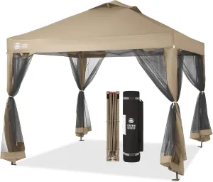 CROWN SHADES 10x10 Pop up Canopy Tent, Pop Up Gazebo with Mosquito Netting, 4 Ropes, 8 Stakes, 4 Sandbags, Wheeled Storage Bag, 10x10 Outdoor Canopy for Patio, Yard (Beige)