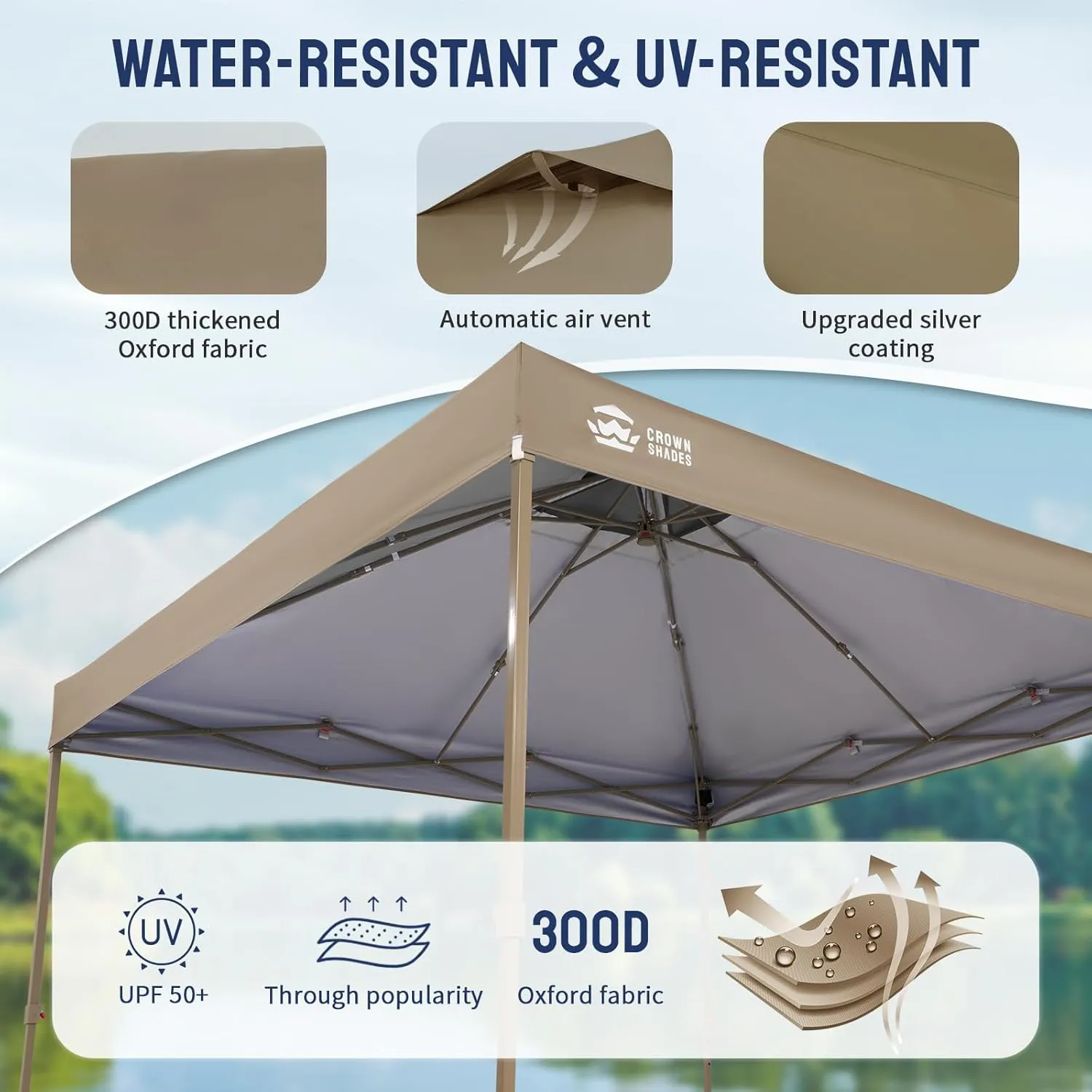 CROWN SHADES 10x10 Pop up Canopy Tent, Pop Up Gazebo with Mosquito Netting, 4 Ropes, 8 Stakes, 4 Sandbags, Wheeled Storage Bag, 10x10 Outdoor Canopy for Patio, Yard (Beige)