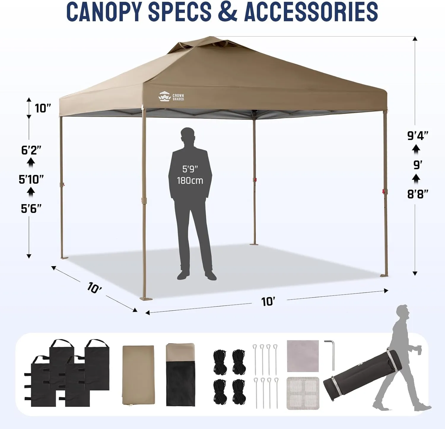 CROWN SHADES 10x10 Pop up Canopy Tent, Pop Up Gazebo with Mosquito Netting, 4 Ropes, 8 Stakes, 4 Sandbags, Wheeled Storage Bag, 10x10 Outdoor Canopy for Patio, Yard (Beige)