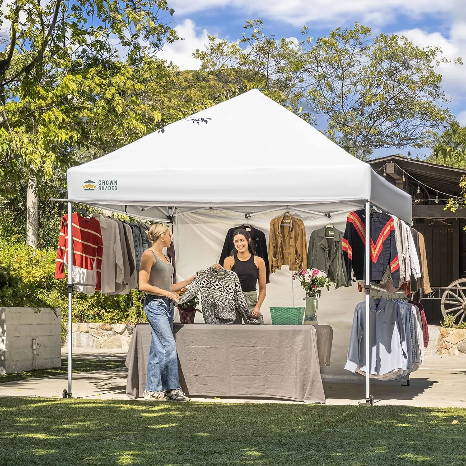 CROWN SHADES 10x10 Pop Up Canopy Tent with 1 Comercial Kit, Instant Commercial Tent with Patended Centerlock, 400D Silver Coated Fabric, 1 Sidewall, 4" Wheels, Sto'N Go Bag,White