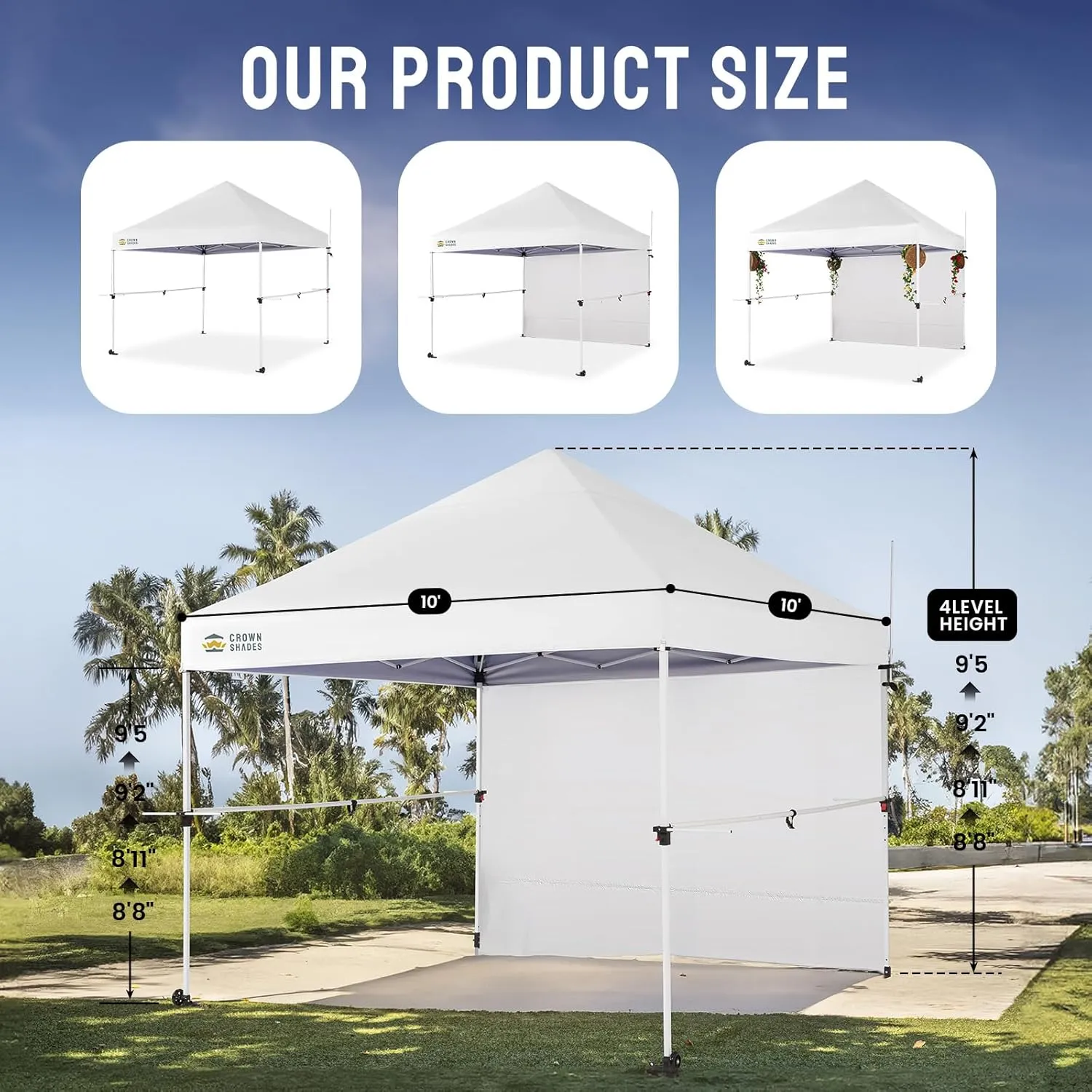 CROWN SHADES 10x10 Pop Up Canopy Tent with 1 Comercial Kit, Instant Commercial Tent with Patended Centerlock, 400D Silver Coated Fabric, 1 Sidewall, 4" Wheels, Sto'N Go Bag,White