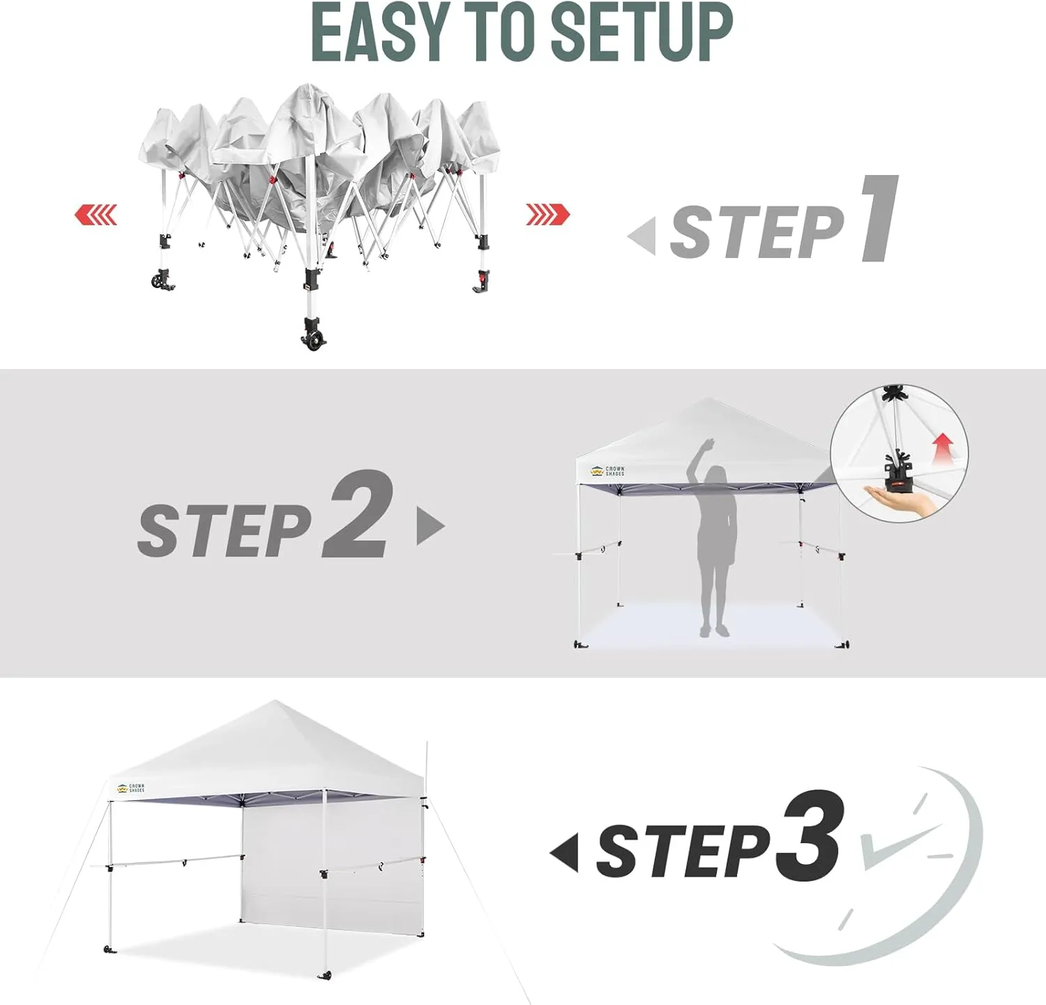 CROWN SHADES 10x10 Pop Up Canopy Tent with 1 Comercial Kit, Instant Commercial Tent with Patended Centerlock, 400D Silver Coated Fabric, 1 Sidewall, 4" Wheels, Sto'N Go Bag,White