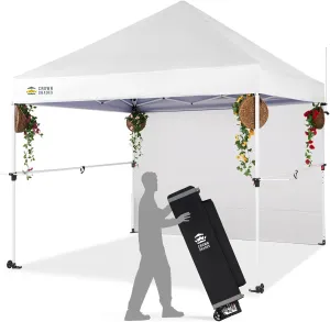 CROWN SHADES 10x10 Pop Up Canopy Tent with 1 Comercial Kit, Instant Commercial Tent with Patended Centerlock, 400D Silver Coated Fabric, 1 Sidewall, 4" Wheels, Sto'N Go Bag,White