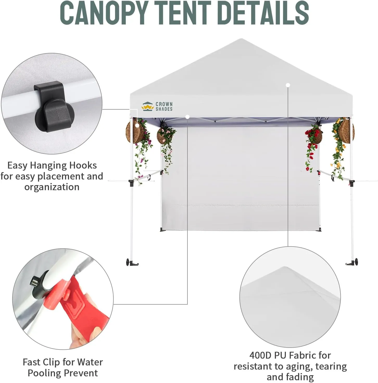 CROWN SHADES 10x10 Pop Up Canopy Tent with 1 Comercial Kit, Instant Commercial Tent with Patended Centerlock, 400D Silver Coated Fabric, 1 Sidewall, 4" Wheels, Sto'N Go Bag,White