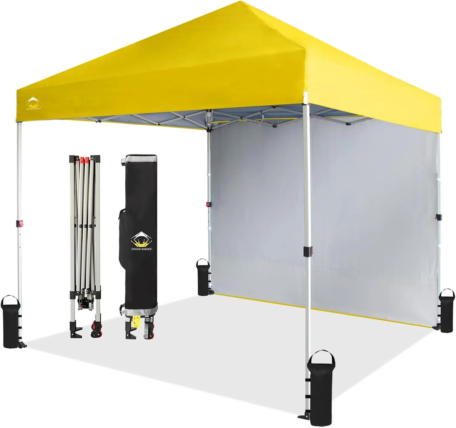 CROWN SHADES 8x8 Pop Up Canopy with 1 Side Wall - Beach Tent with One Push Setup - Outdoor Sun Shade for Events, Parties, Camping - Gazebo with STO-N-Go Cover Bag (Yellow)