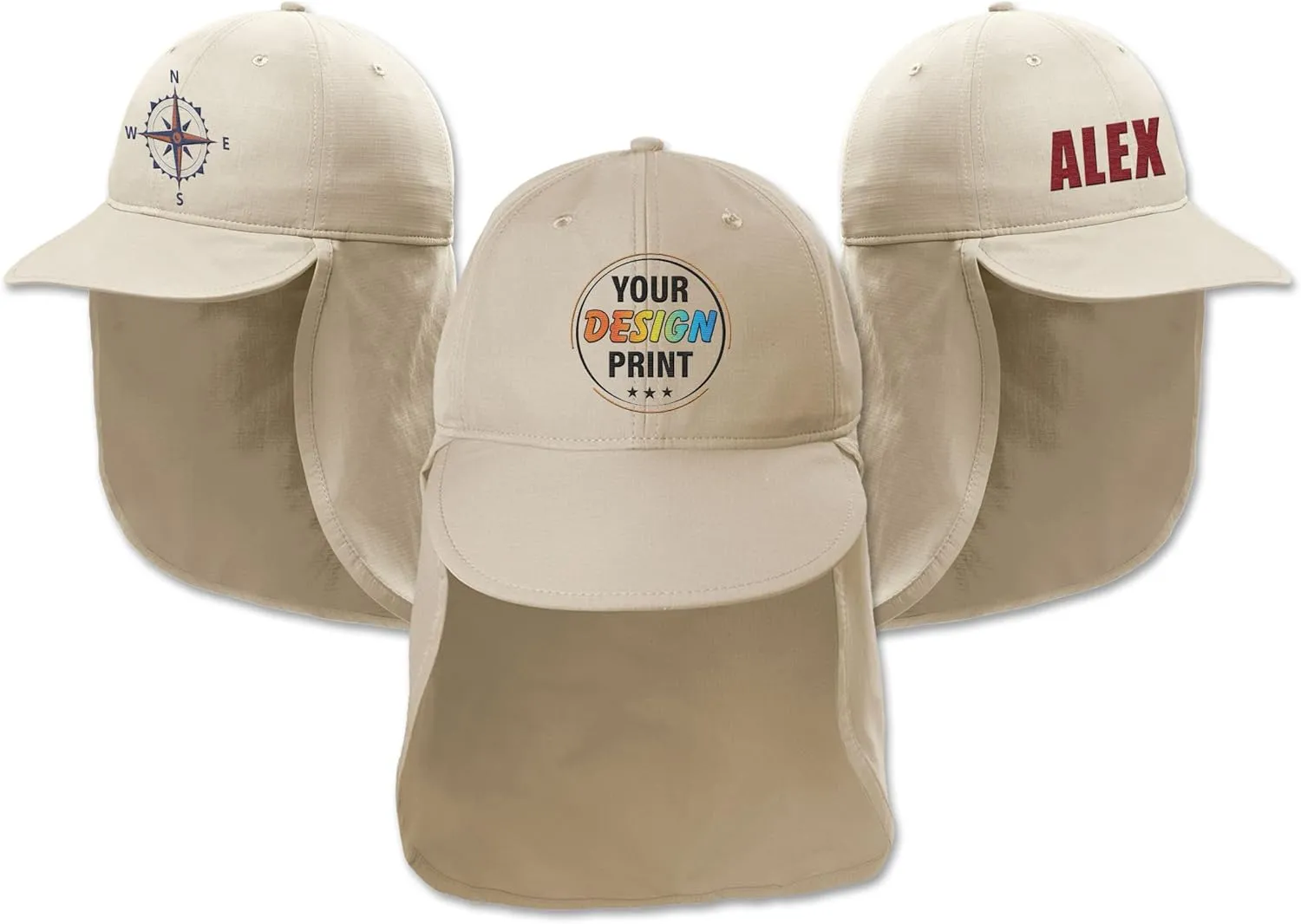 Custom Embroidered Sun Hat Ear&Neck Flap Adjustable UPF 30  UV Protection Hiking Safari Fishing Hats for Women and Men