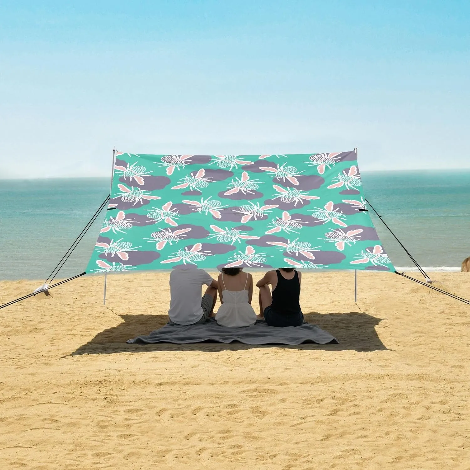 Cute Abstract Beetles Pattern Beach Canopy Tent Anti-UV & Wind Resistant, Camping Sun Shelter Easy Setup Portable,Outdoor Shade Tents with Sandbags,Sand Shovels,Ground Pegs & Stability Poles