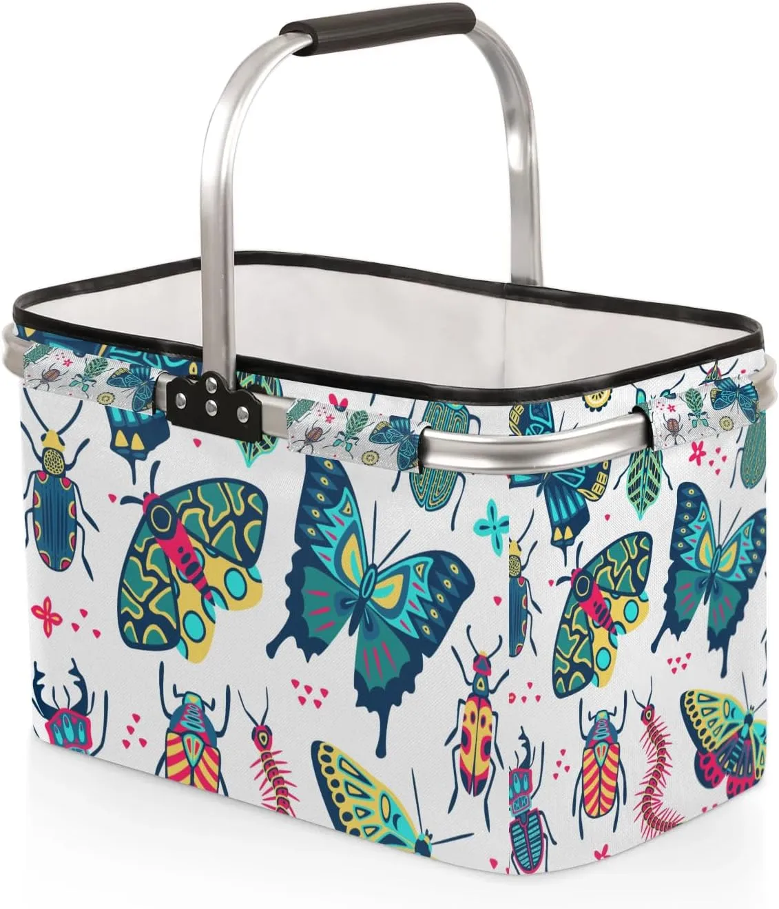 Cute Insect Specimens Collapsible Market Basket Reusable Portable Shopping Basket Heavy Duty Camping Grocery Bag with Handle Folding Picnic Basket for Travel Shopping Camping Beach Car