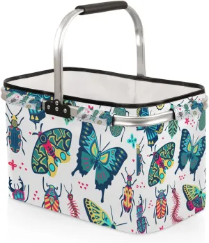 Cute Insect Specimens Collapsible Market Basket Reusable Portable Shopping Basket Heavy Duty Camping Grocery Bag with Handle Folding Picnic Basket for Travel Shopping Camping Beach Car