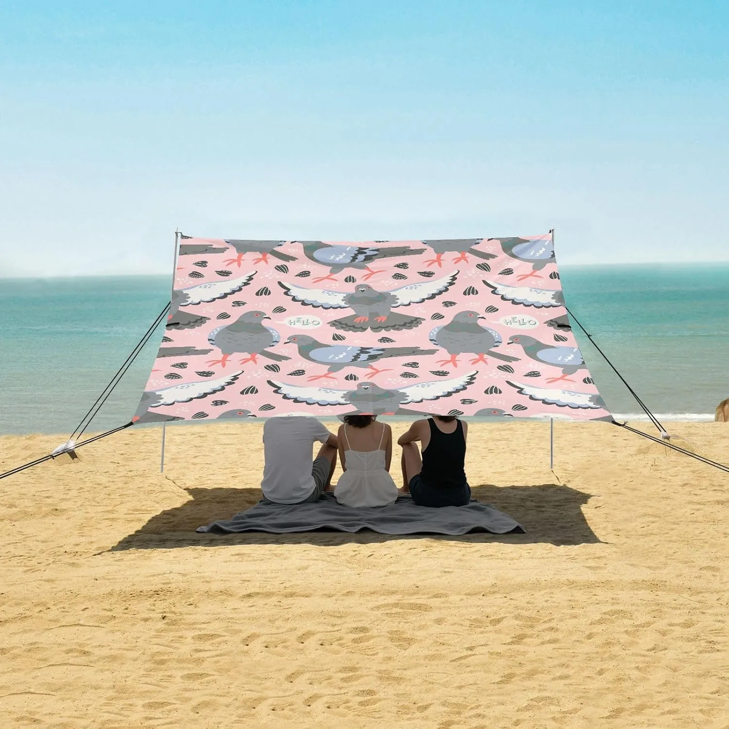 Cute Pink Pigeons Beach Canopy Tent Anti-UV & Wind Resistant, Camping Sun Shelter Easy Setup Portable,Outdoor Shade Tents with Sandbags,Sand Shovels,Ground Pegs & Stability Poles