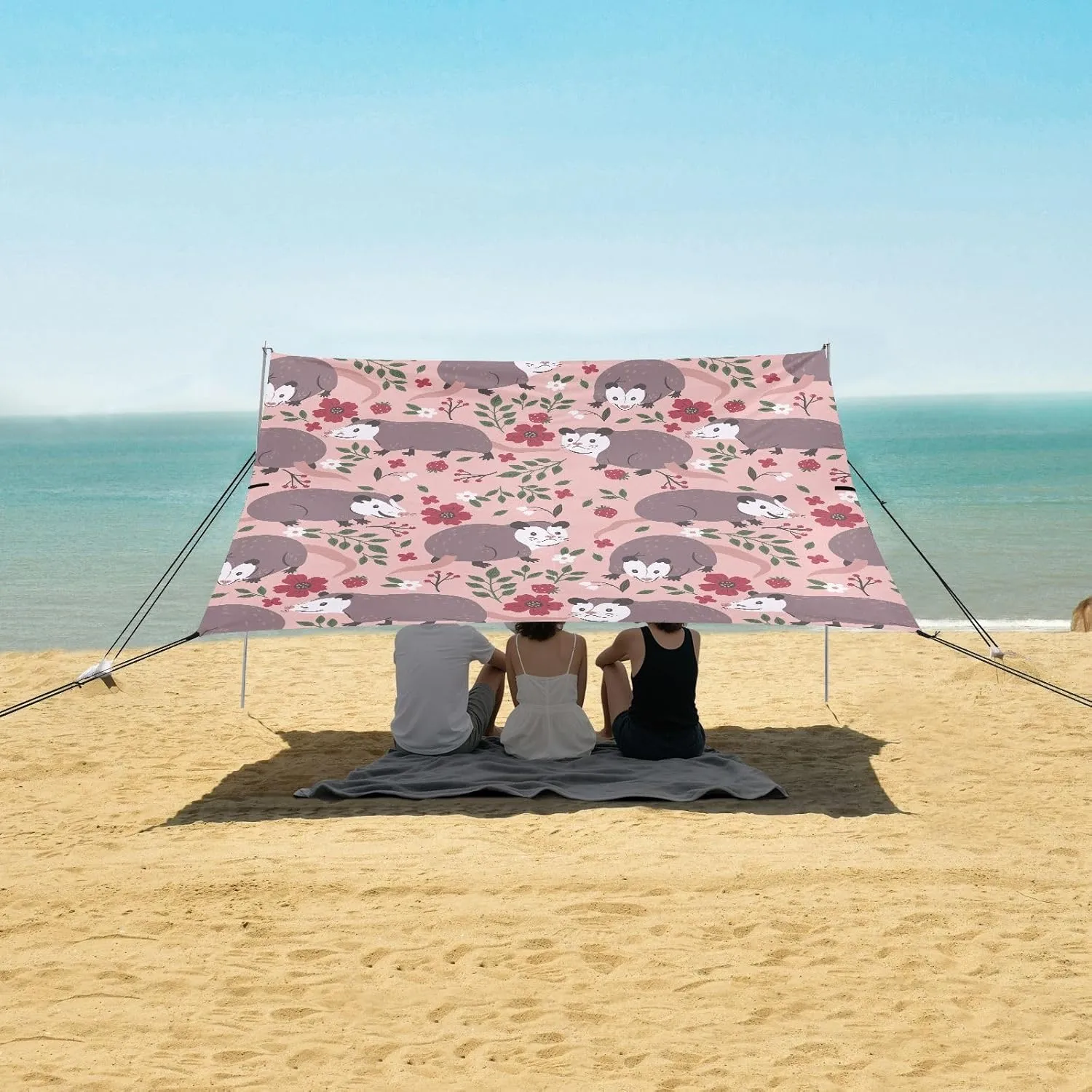 Cute Possum Flowers Beach Canopy Tent Anti-UV & Wind Resistant, Camping Sun Shelter Easy Setup Portable,Outdoor Shade Tents with Sandbags,Sand Shovels,Ground Pegs & Stability Poles