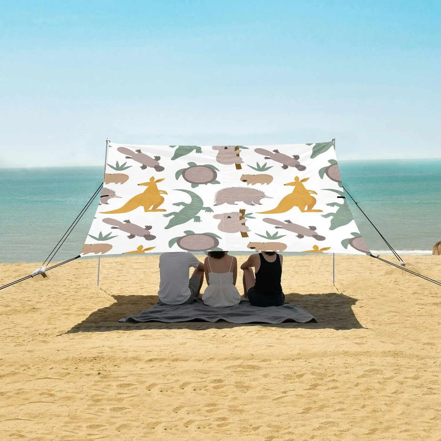 Cute Wild Animals Cartoon Beach Canopy Tent Anti-UV & Wind Resistant, Camping Sun Shelter Easy Setup Portable,Outdoor Shade Tents with Sandbags,Sand Shovels,Ground Pegs & Stability Poles