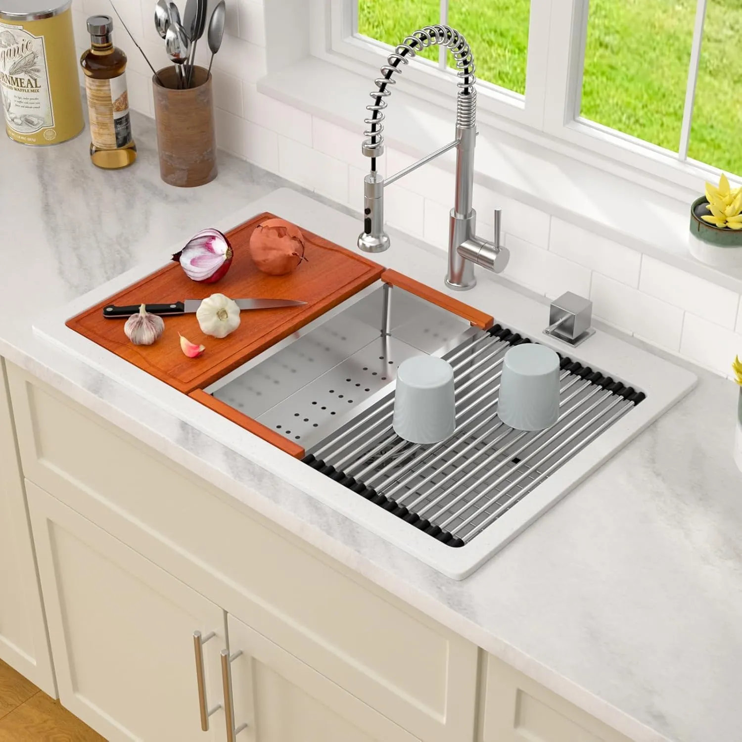Dcolora White Granite Composite Kitchen Sink Drop In, 33x22 Large Single Bowl White Kitchen Sink Multifunctional Topmount Workstation Sinks #DC-0002GWT, 33" x 22" x 10"