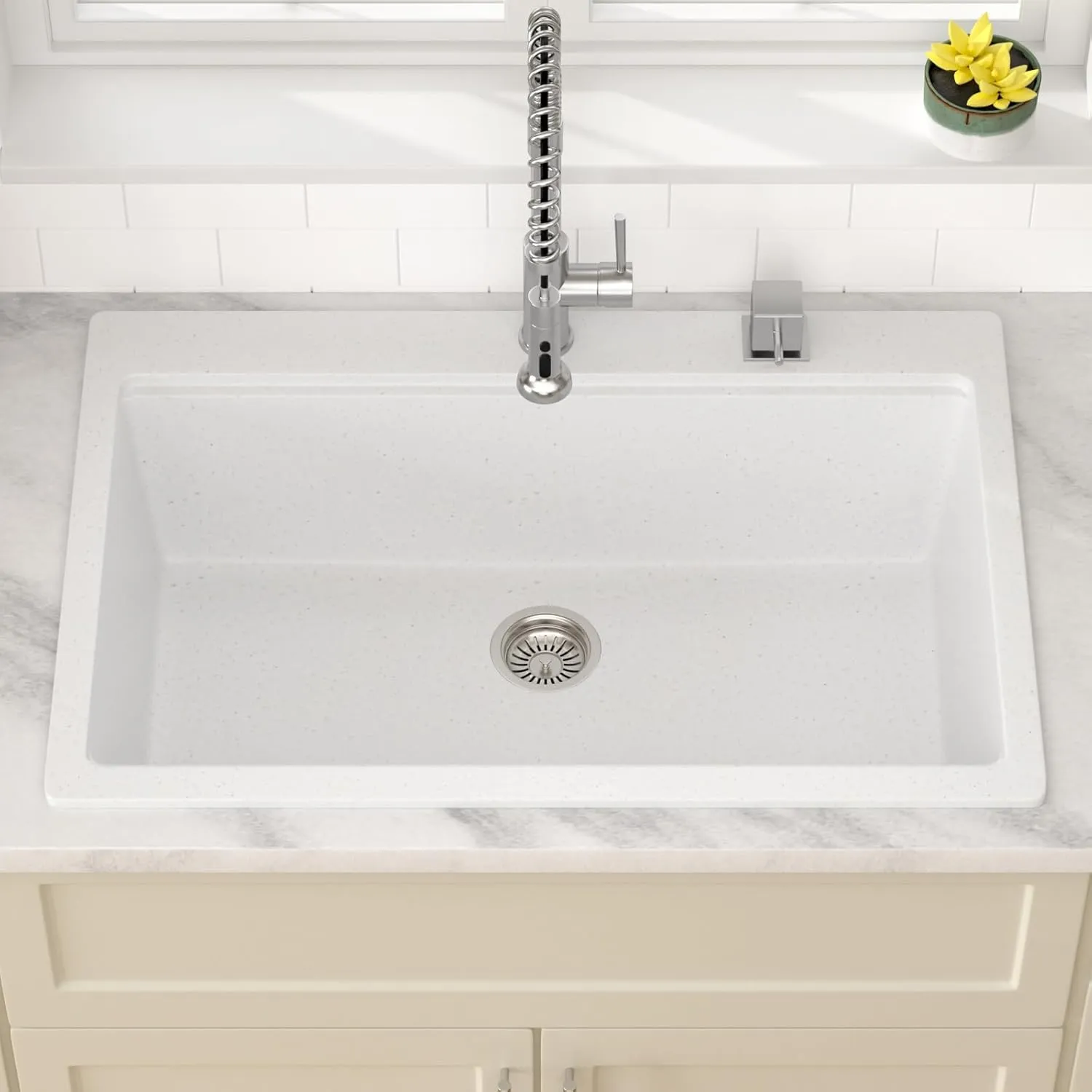 Dcolora White Granite Composite Kitchen Sink Drop In, 33x22 Large Single Bowl White Kitchen Sink Multifunctional Topmount Workstation Sinks #DC-0002GWT, 33" x 22" x 10"
