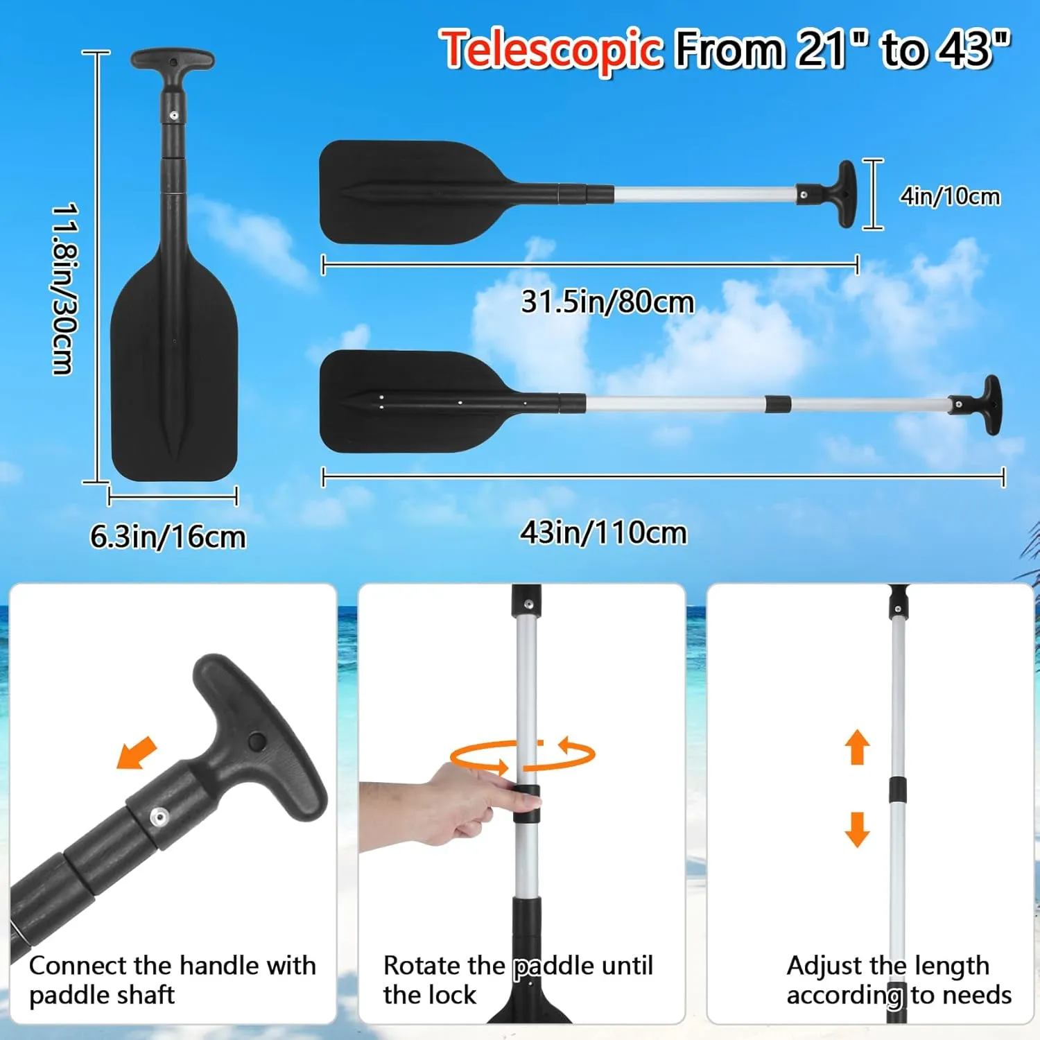 DEDU Boat Paddle Telescoping 2 Pack, Boat Oars Collapsible Emergency Paddle 21"-43" Adjustable, Telescoping Canoe Paddle Aluminum Shaft Anti Slip for Kids and Adults