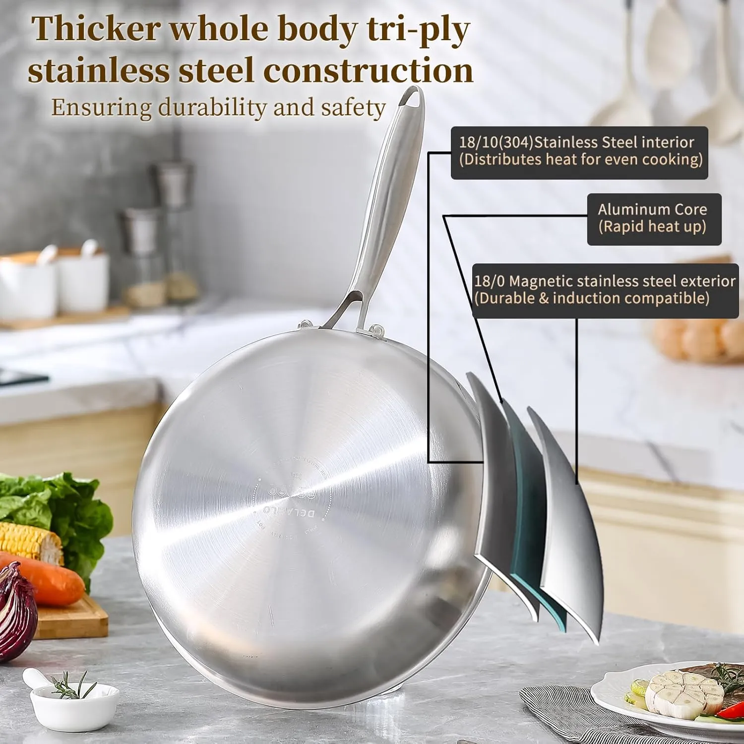 DELARLO Tri-ply Stainless Steel Kitchen Cookware Frying Pan Set with Lid 10.5"12.5" Induction large Skillets Chef's Pan,Pots and Pans Set Kitchen Cookware Set Suitable for All Stove