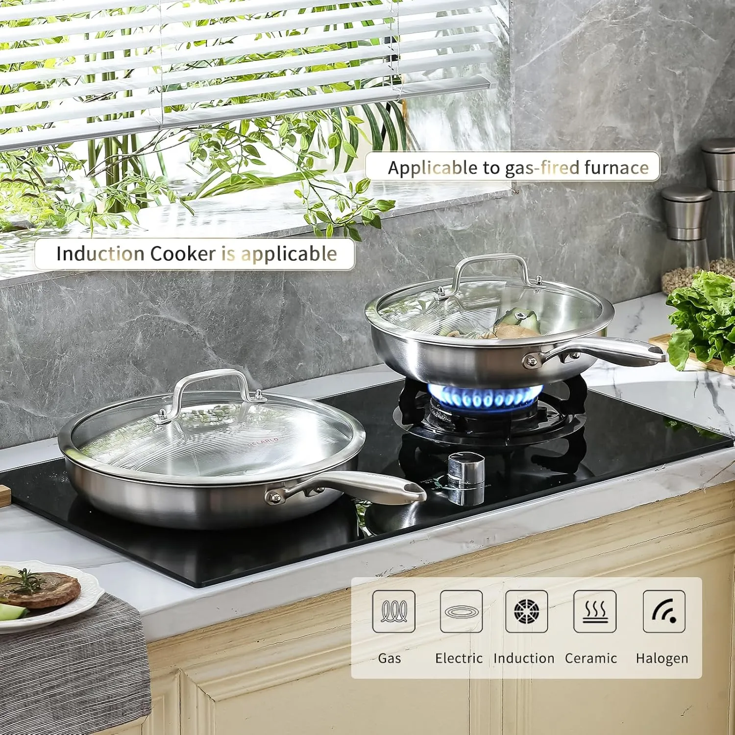 DELARLO Tri-ply Stainless Steel Kitchen Cookware Frying Pan Set with Lid 10.5"12.5" Induction large Skillets Chef's Pan,Pots and Pans Set Kitchen Cookware Set Suitable for All Stove