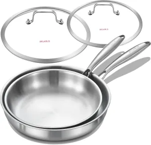 DELARLO Tri-ply Stainless Steel Kitchen Cookware Frying Pan Set with Lid 10.5"12.5" Induction large Skillets Chef's Pan,Pots and Pans Set Kitchen Cookware Set Suitable for All Stove