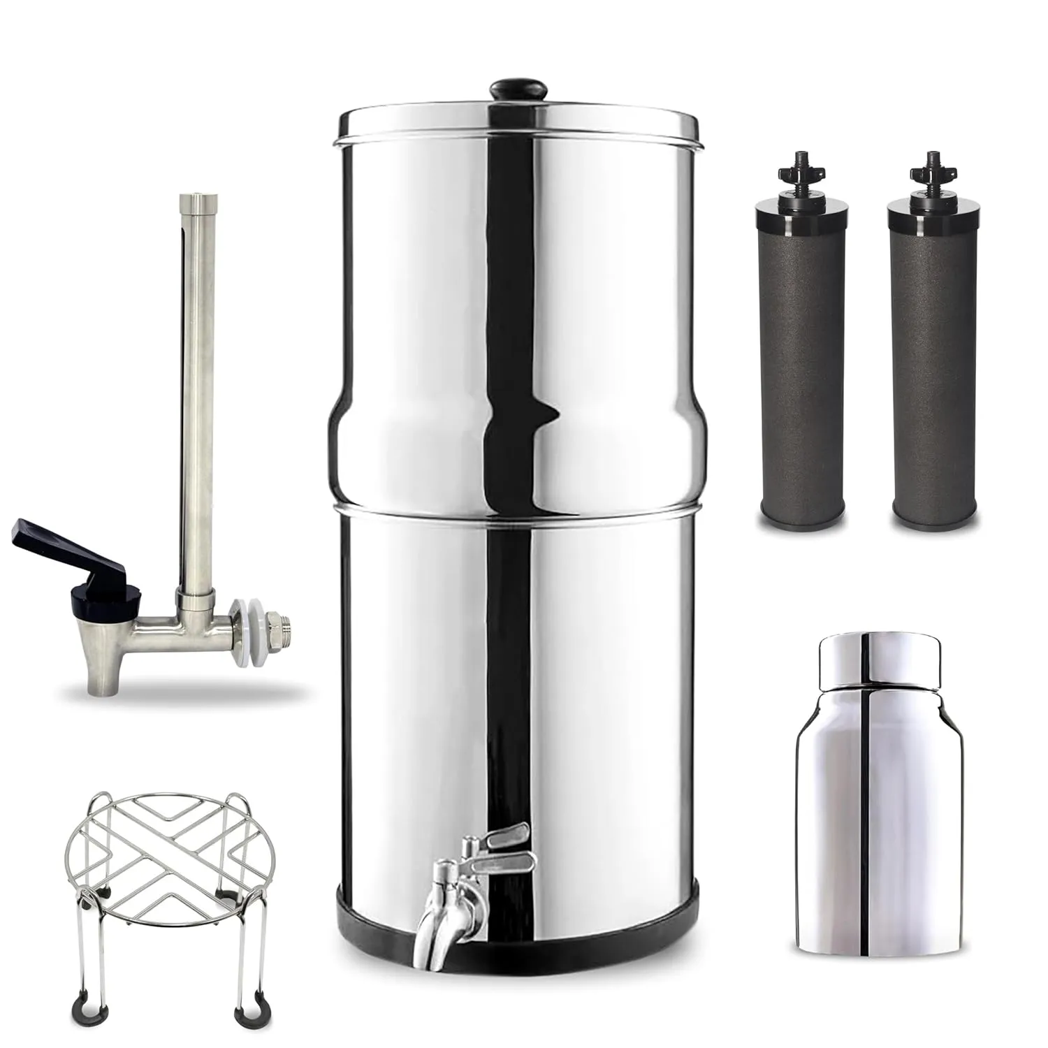 Denali Spring-1.6G (6 Liters)- Stainless Steel Gravity-Fed Water System with 2 Black Filters, SS Tap, POSTreat Filters, Vision Tap and Stainless Steel