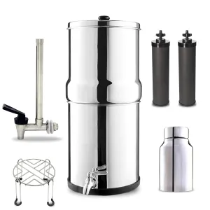 Denali Spring-1.6G (6 Liters)- Stainless Steel Gravity-Fed Water System with 2 Black Filters, SS Tap, POSTreat Filters, Vision Tap and Stainless Steel