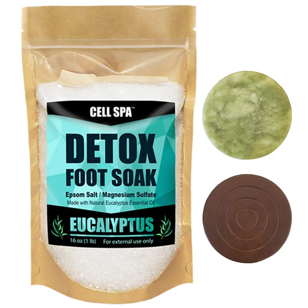 Detox Foot Soak Bath Premium 16 Ounce Eucalyptus Scented Epsom Salt With 2" Round Jade & 2" Round Ceramic Stone Powerful Boost Semi-Conductors of Negative Ions For Detox Machine