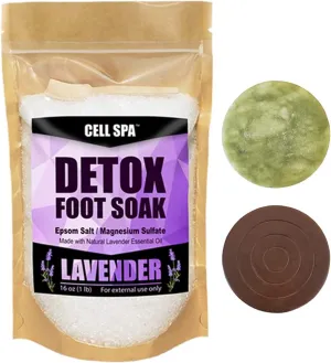 Detox Foot Soak Bath Premium 16 Ounce Lavender Scented Epsom Salt with 2" Round Jade & 2" Round Ceramic Stone Powerful Boost Semi-Conductors of Negative Ions for Detox Machine