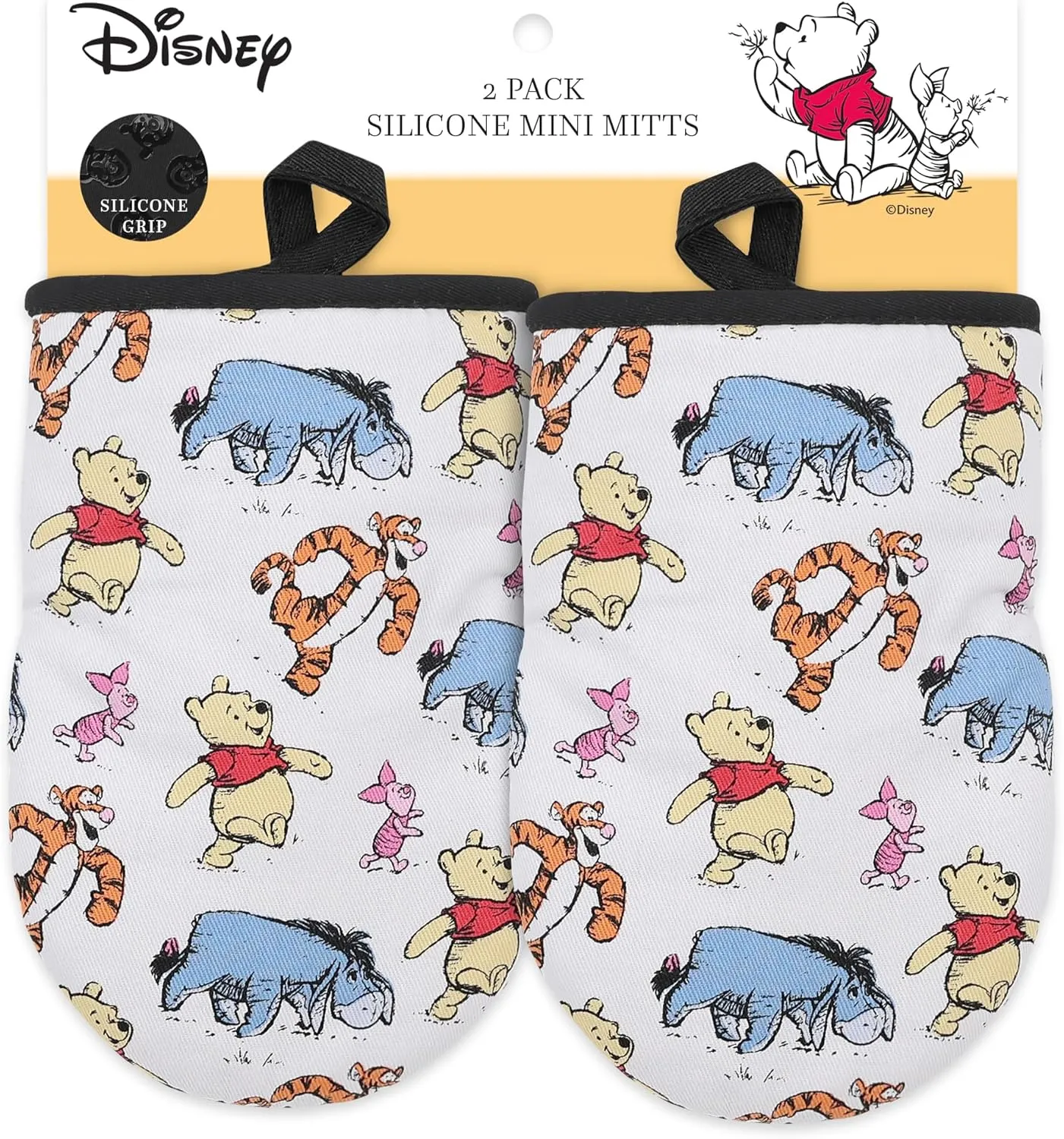 Disney Oven Mitts - 5.5” x 7.5” Heat-Resistant Mini Oven Mitts with Non-Slip Printed Silicone Disney Silhouettes - Mickey & Minnie, Stitch, Winnie The Pooh