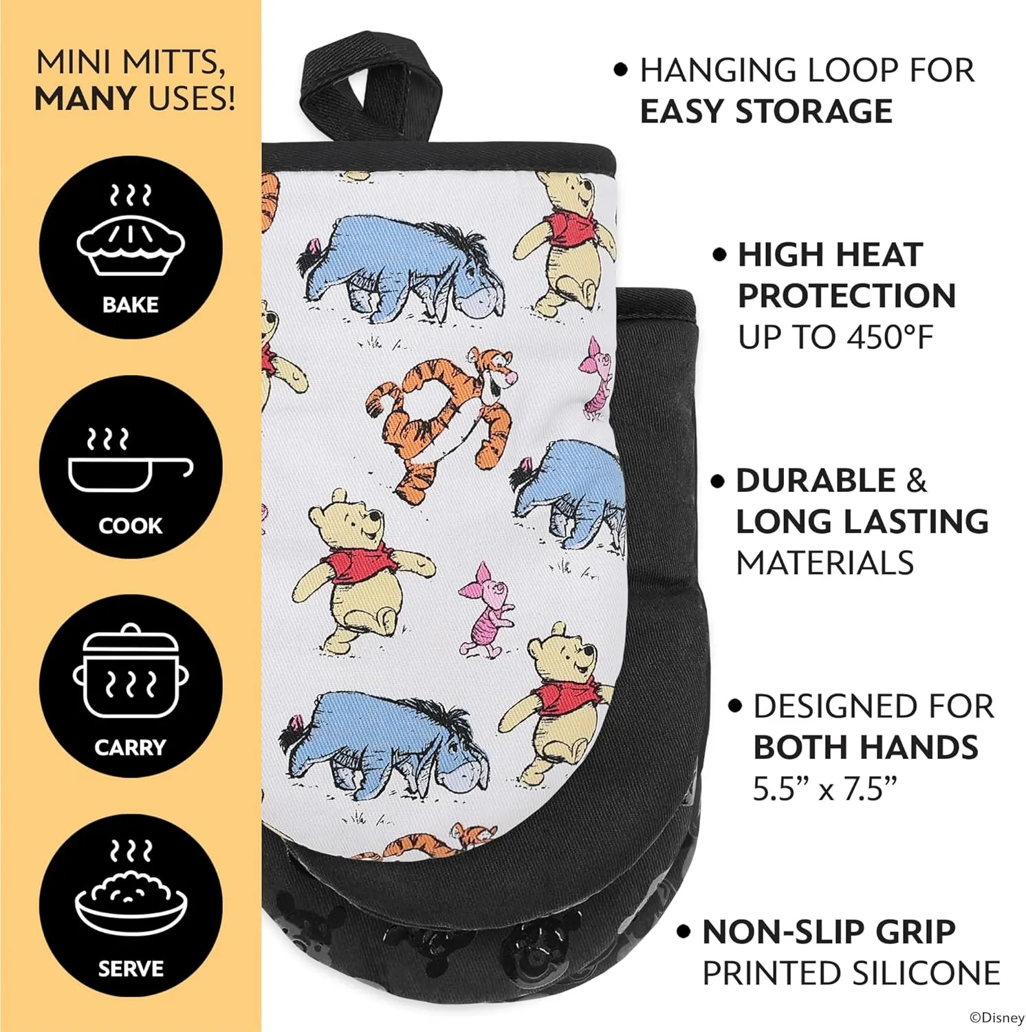 Disney Oven Mitts - 5.5” x 7.5” Heat-Resistant Mini Oven Mitts with Non-Slip Printed Silicone Disney Silhouettes - Mickey & Minnie, Stitch, Winnie The Pooh