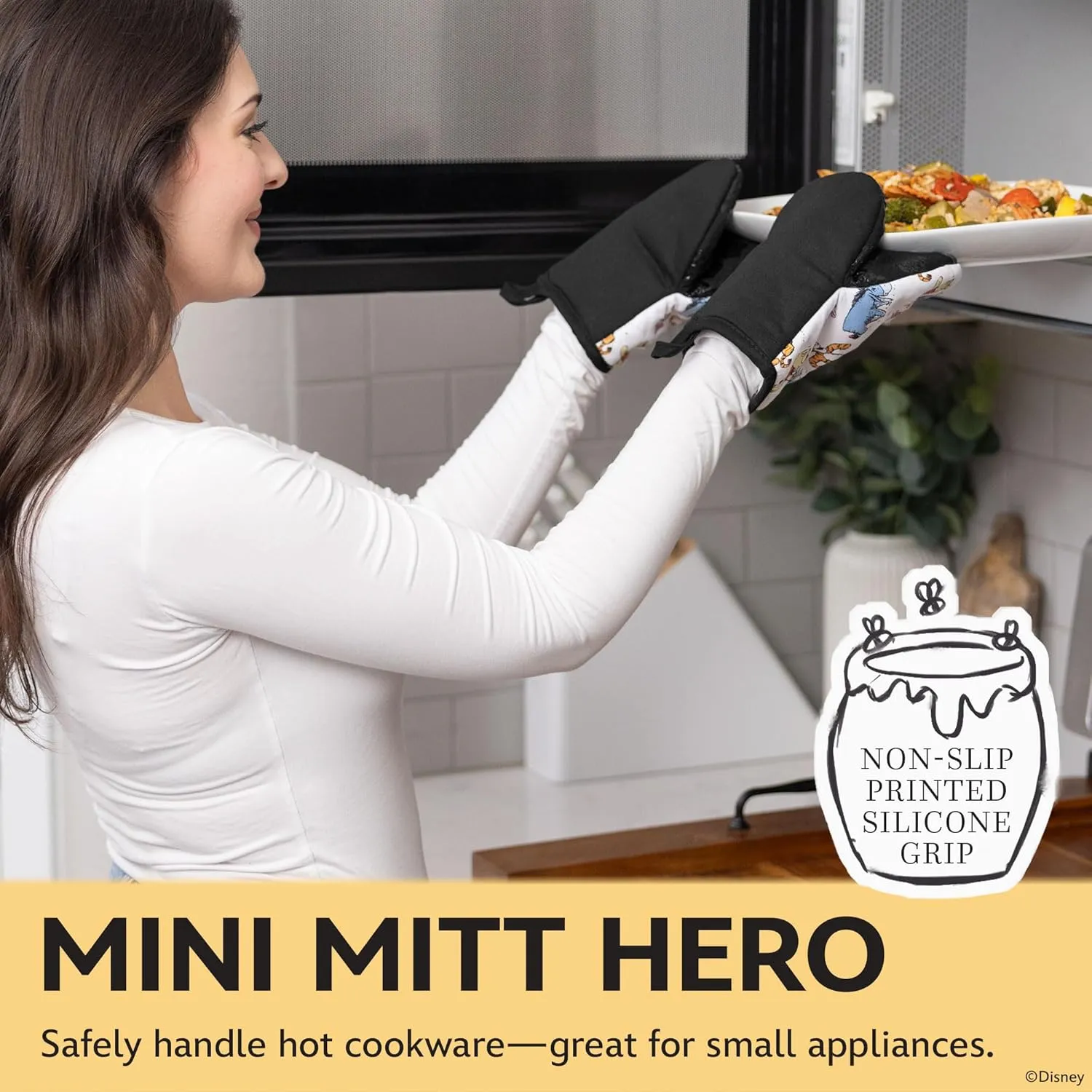 Disney Oven Mitts - 5.5” x 7.5” Heat-Resistant Mini Oven Mitts with Non-Slip Printed Silicone Disney Silhouettes - Mickey & Minnie, Stitch, Winnie The Pooh