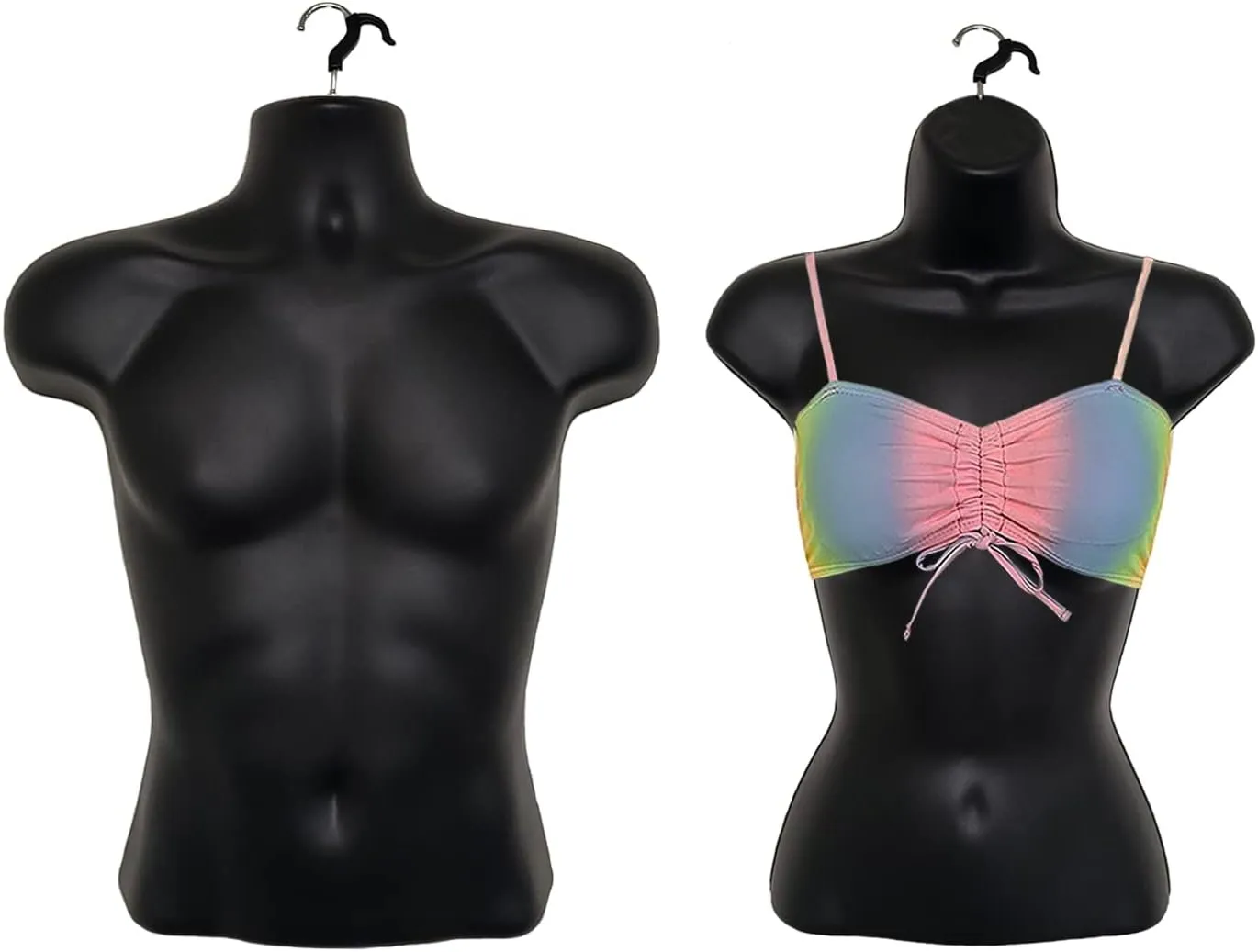 DisplayTown Male and Female Mannequin Torso with Metal Stand Hollow Back Body Stackable Dress Form for Tshirt Display, Countertop, Craft Shows, Photos and Design, S-M Clothing Size (Black, Set of 1)