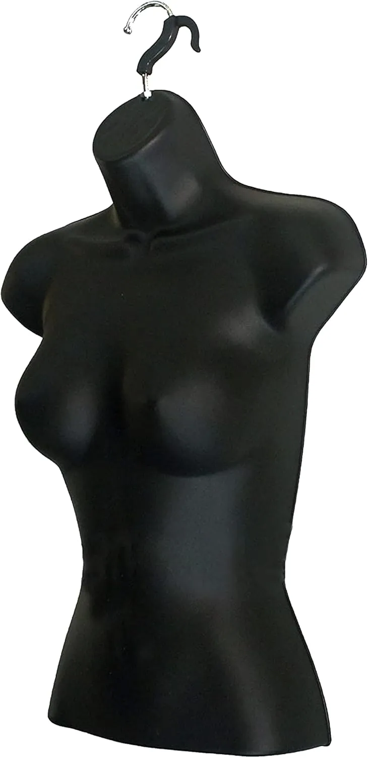 DisplayTown Male and Female Mannequin Torso with Metal Stand Hollow Back Body Stackable Dress Form for Tshirt Display, Countertop, Craft Shows, Photos and Design, S-M Clothing Size (Black, Set of 1)