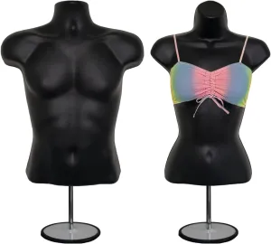 DisplayTown Male and Female Mannequin Torso with Metal Stand Hollow Back Body Stackable Dress Form for Tshirt Display, Countertop, Craft Shows, Photos and Design, S-M Clothing Size (Black, Set of 1)