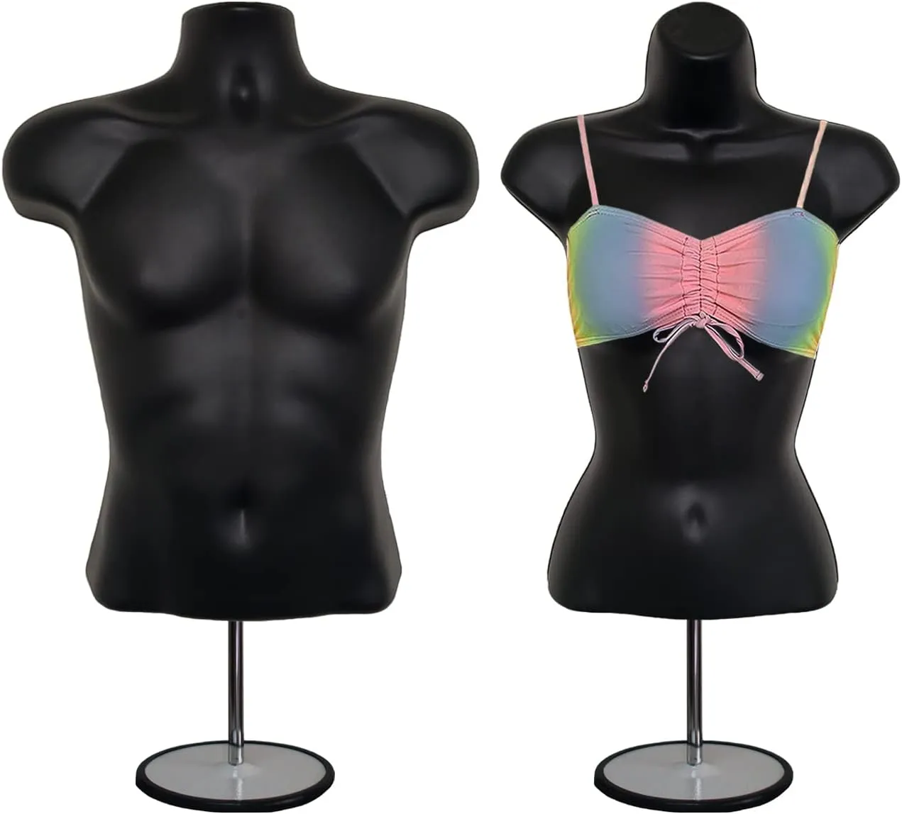 DisplayTown Male and Female Mannequin Torso with Metal Stand Hollow Back Body Stackable Dress Form for Tshirt Display, Countertop, Craft Shows, Photos and Design, S-M Clothing Size (Black, Set of 1)