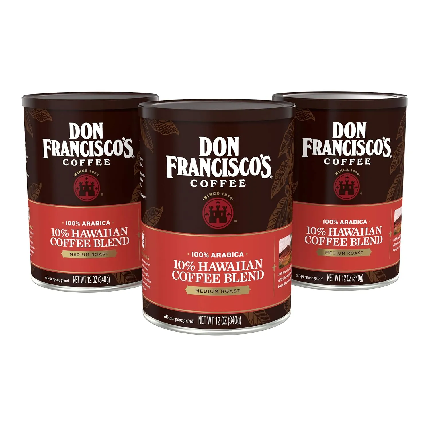 Don Francisco's Premium Hawaiian Blend Premium Ground Coffee - 10% Hawaiian Coffee blended with other premium Arabica beans, Rich Flavor, Floral Aroma, Subtle Fruity Notes - 3 Pack of 12 oz Recyclable Steel Cans - Family Crafted Since 1870