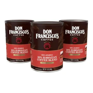 Don Francisco's Premium Hawaiian Blend Premium Ground Coffee - 10% Hawaiian Coffee blended with other premium Arabica beans, Rich Flavor, Floral Aroma, Subtle Fruity Notes - 3 Pack of 12 oz Recyclable Steel Cans - Family Crafted Since 1870