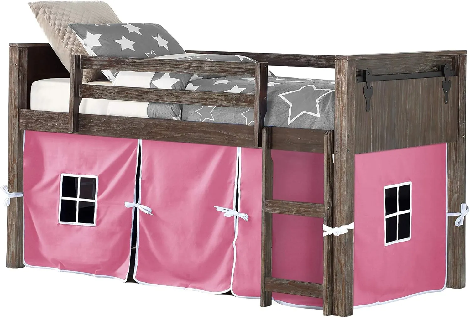 DONCO Twin Barn Door Modular Low Loft with Pink Tent in Brushed Shadow