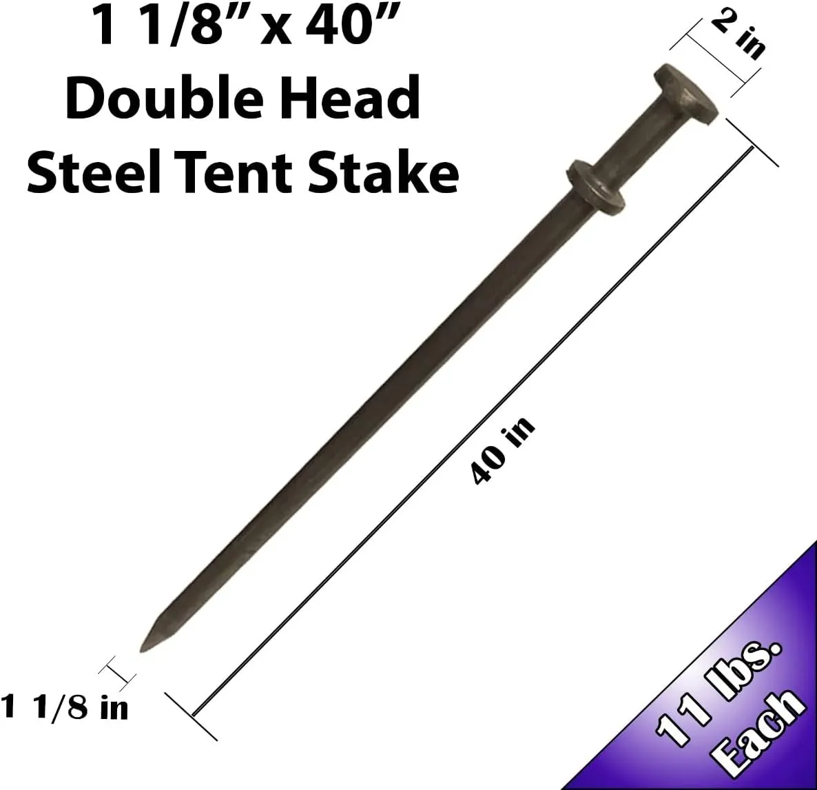 Double Head Tent Stakes - Heavy Duty Steel Tent Stakes, Versatile Ground Spikes to Anchor Commercial Inflatables, Party Tents, and Outdoor Camping Shelters, 1 1/8 x 40 Inch, 4-Pack