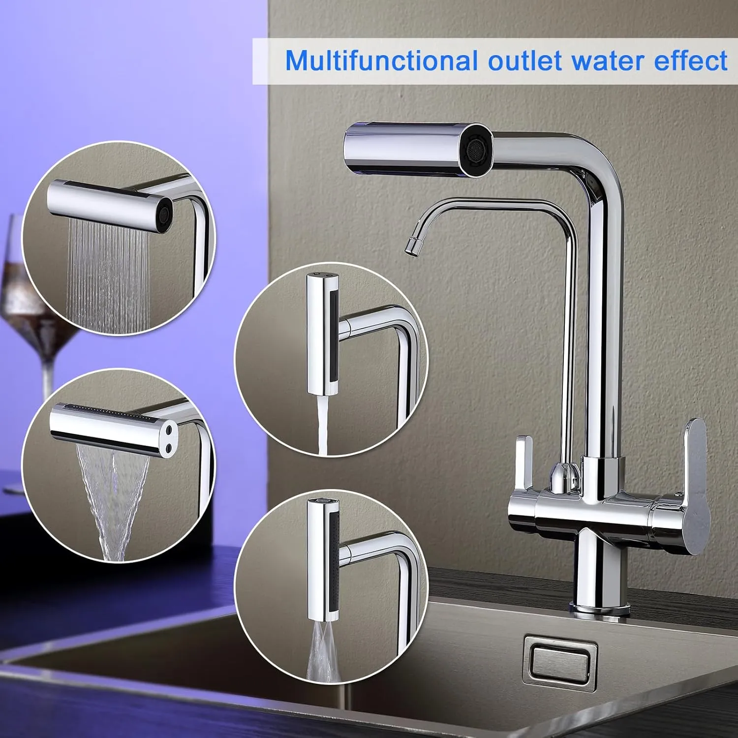 Dual Handles Kitchen Sink Faucet with Drinking Water Faucet, 3 Way Pull Out Kitchen Faucet with 3-Function Sprayer for Water Filtration System, Chrome