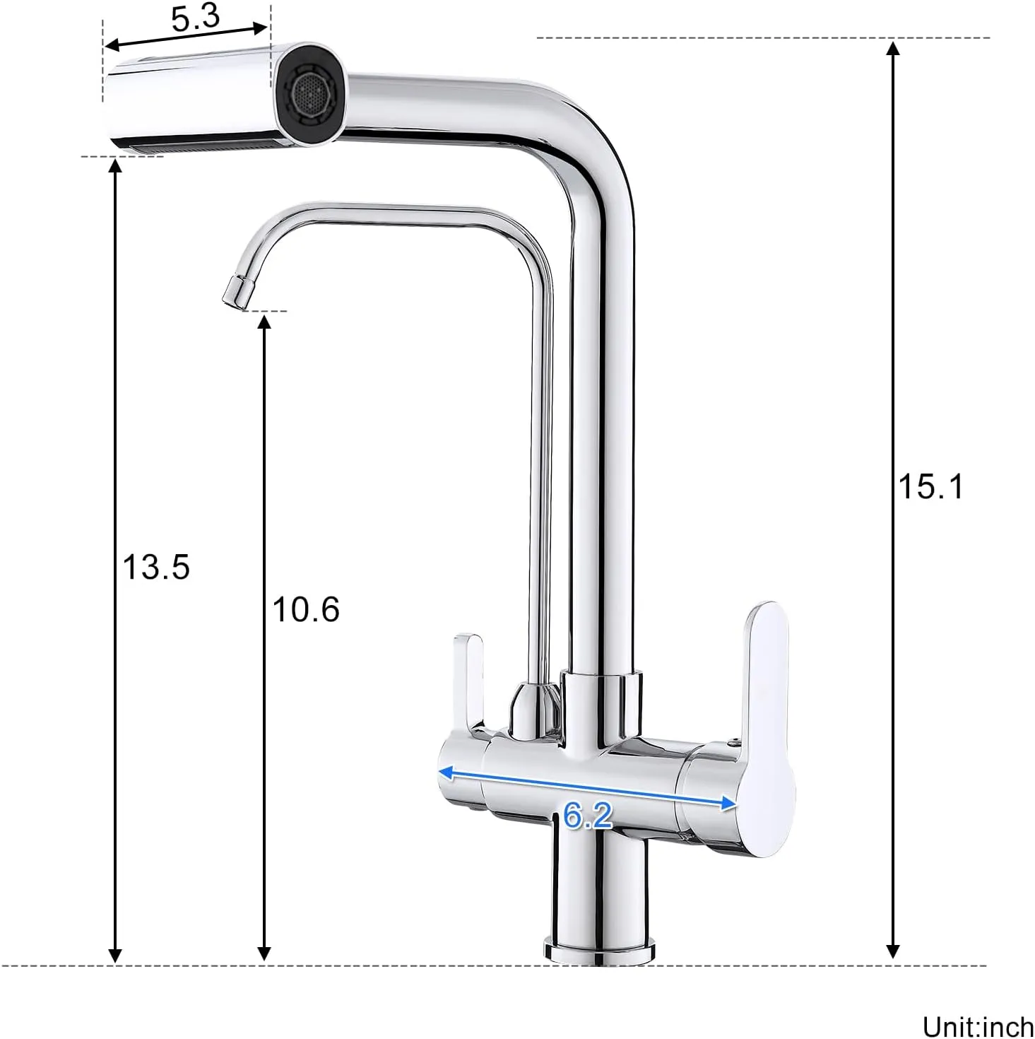 Dual Handles Kitchen Sink Faucet with Drinking Water Faucet, 3 Way Pull Out Kitchen Faucet with 3-Function Sprayer for Water Filtration System, Chrome