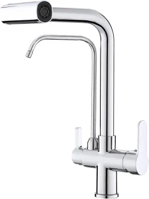 Dual Handles Kitchen Sink Faucet with Drinking Water Faucet, 3 Way Pull Out Kitchen Faucet with 3-Function Sprayer for Water Filtration System, Chrome