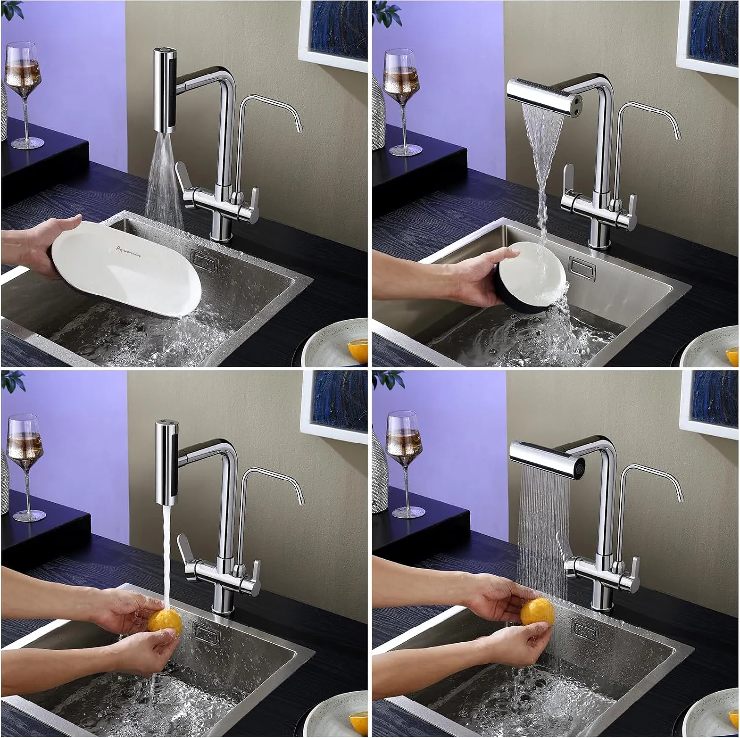 Dual Handles Kitchen Sink Faucet with Drinking Water Faucet, 3 Way Pull Out Kitchen Faucet with 3-Function Sprayer for Water Filtration System, Chrome